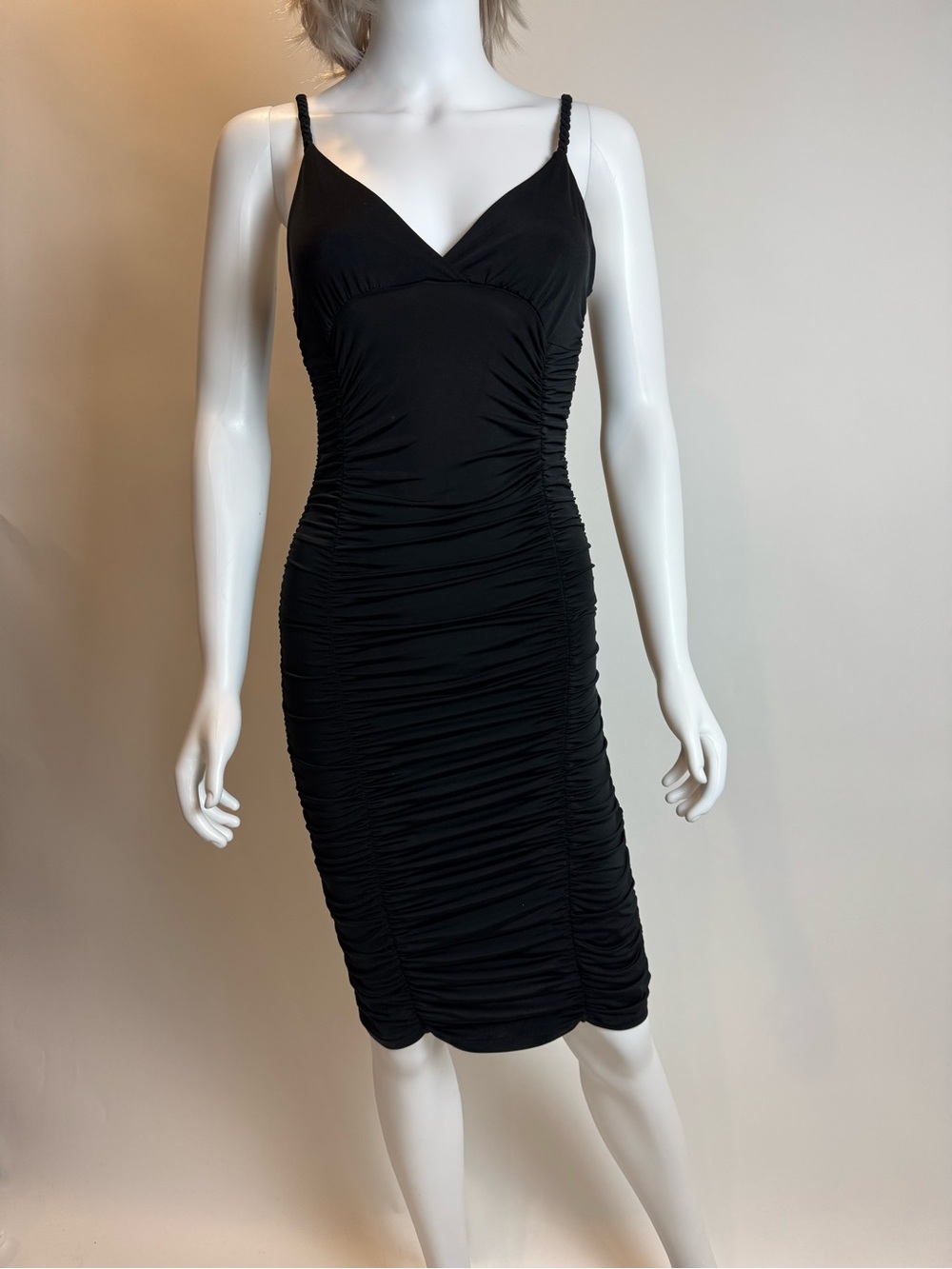 bebe Black Ruched Midi Slip Dress